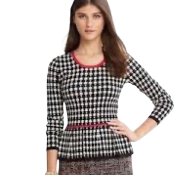 BANANA REPUBLIC 100% Cotton Piped Peplum Sweater Houndstooth Red Trim Sz L - Picture 1 of 10